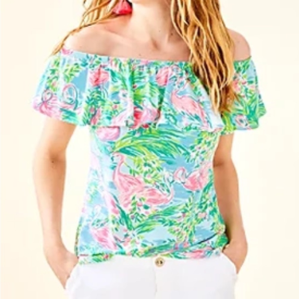Lilly Pulitzer Flamingo Print Off-Shoulder Top - Pink and Blue
